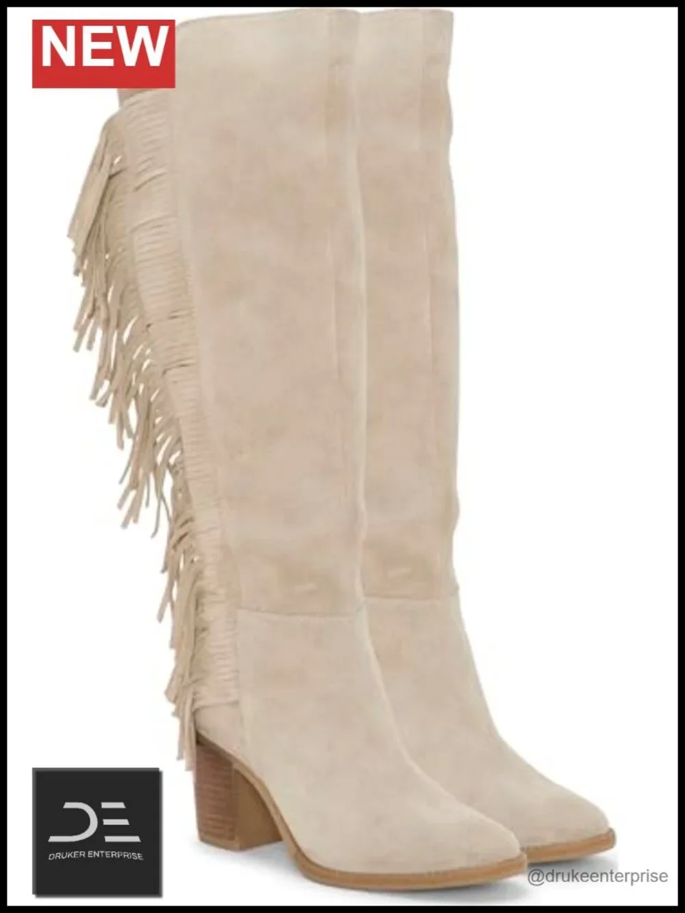 Suede Almond Toe Fringe Boots - Over the Knee Block Heel Zip Closure